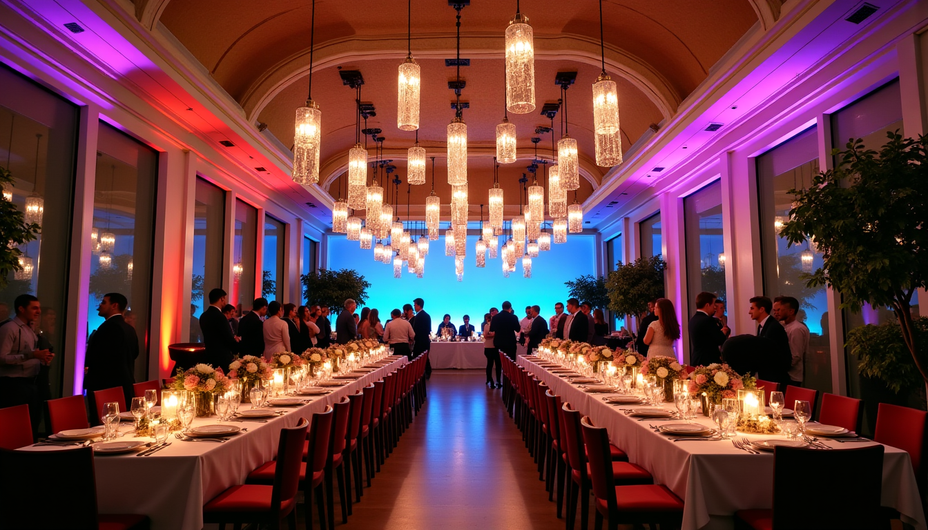 Illustration : jeux de lumière colorés, suspensions design épurée, contemporaine, — idées créatives pour une décoration de mariage inoubliable