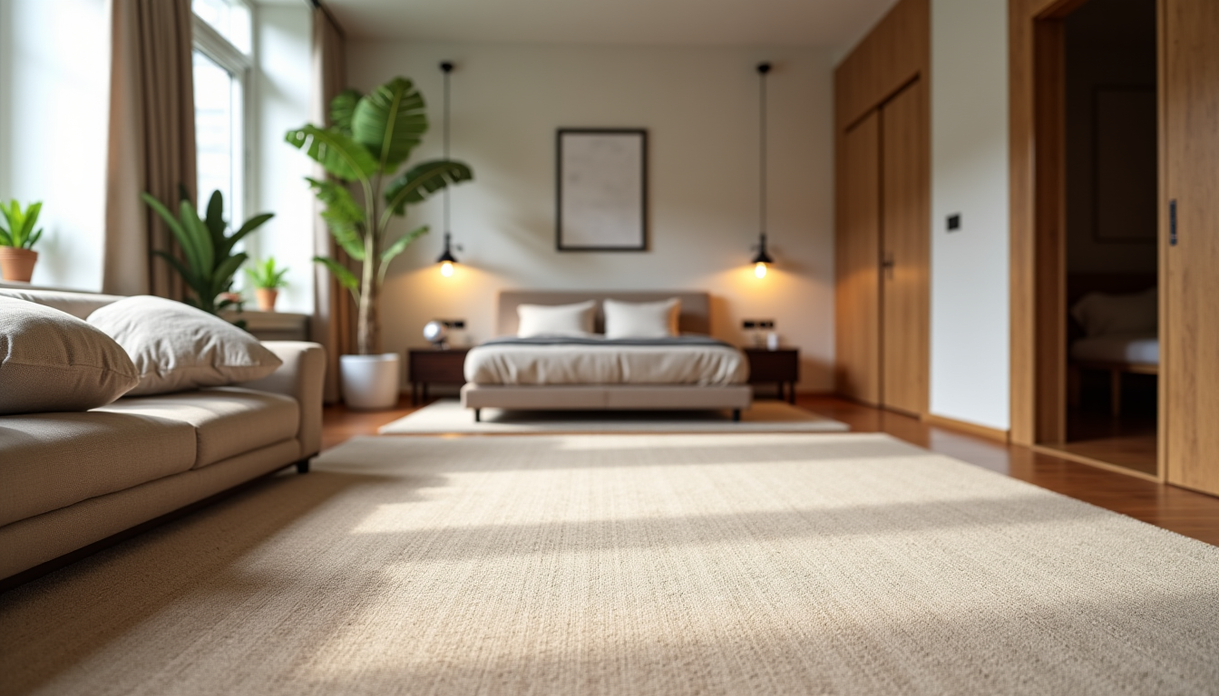 Illustration : air contemporain, urbain, chic intime, enveloppant, discret &mdash; tapis beige : le secret d'une transition fluide du salon &agrave; la chambre