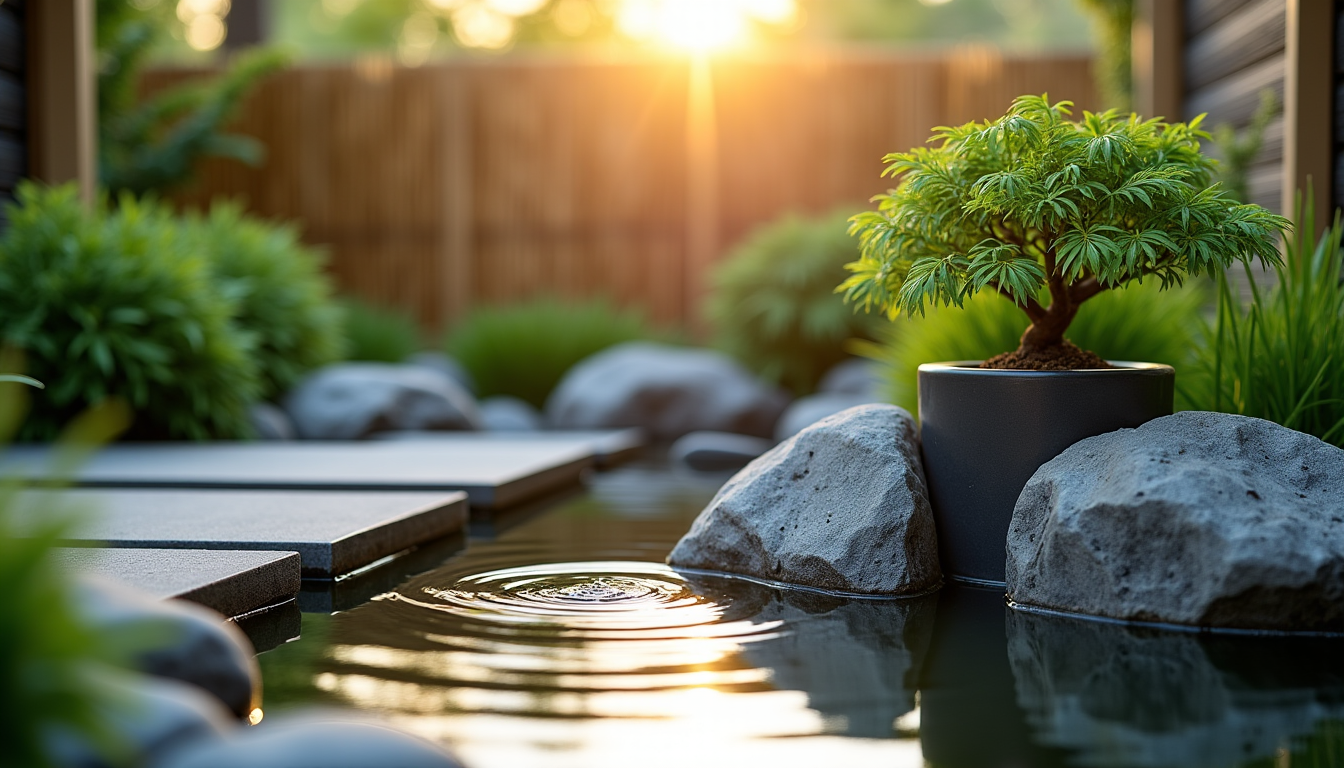 aménager un jardin zen et moderne sans se ruiner — , élément de vie pompes et contenants simples