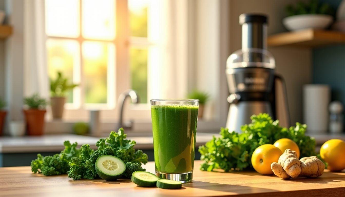 Illustration : passez tous les ingrédients à l'extracteur de jus — recette détox maison pour retrouver énergie et bien-être naturellement