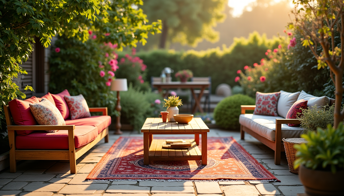 Illustration : pour une touche boh&egrave;me, osez les sols en &mdash; harmoniser mobilier de jardin et rev&ecirc;tement ext&eacute;rieur ?