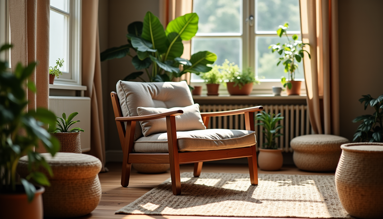 créer un espace de vie harmonieux chez soi — ur un fauteuil en bois. ces contrastes tactiles