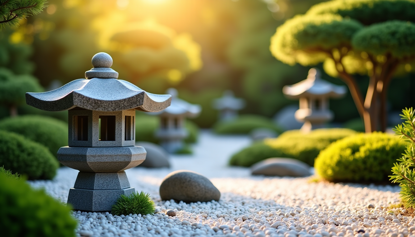 Illustration : i), lanternes, végétation discrète. espaces de taille moyenne — créer un havre de paix : astuces pour un jardin zen