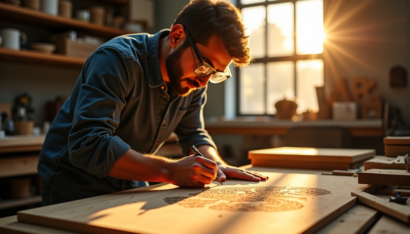 Illustration : d'un artisan inspiré, devient un pinceau de lumière — artisan original qui travaille la gravure et la découpe laser