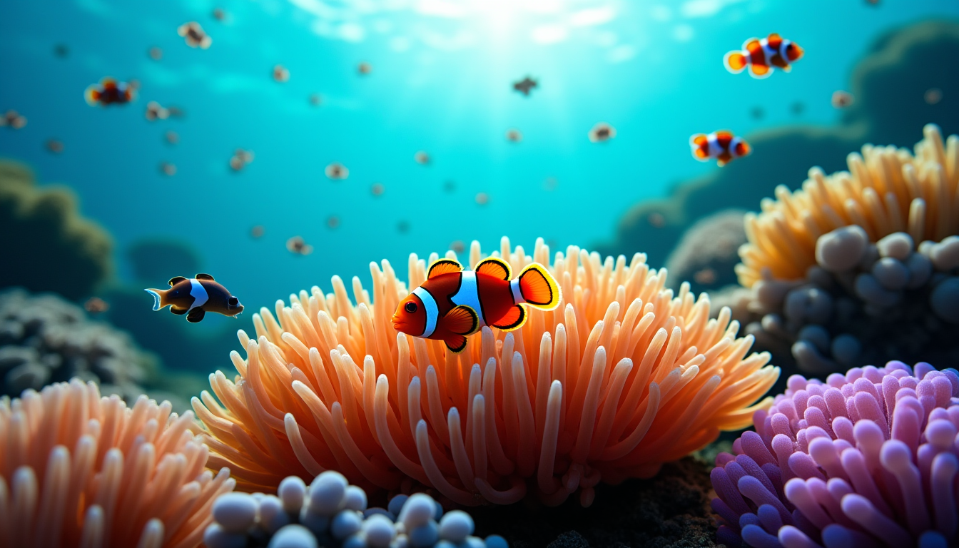 Illustration : espèces. poisson-clown et anémone, poisson-nettoyeur et grands poissons — secrets des poissons : comprendre leur monde mystérieux