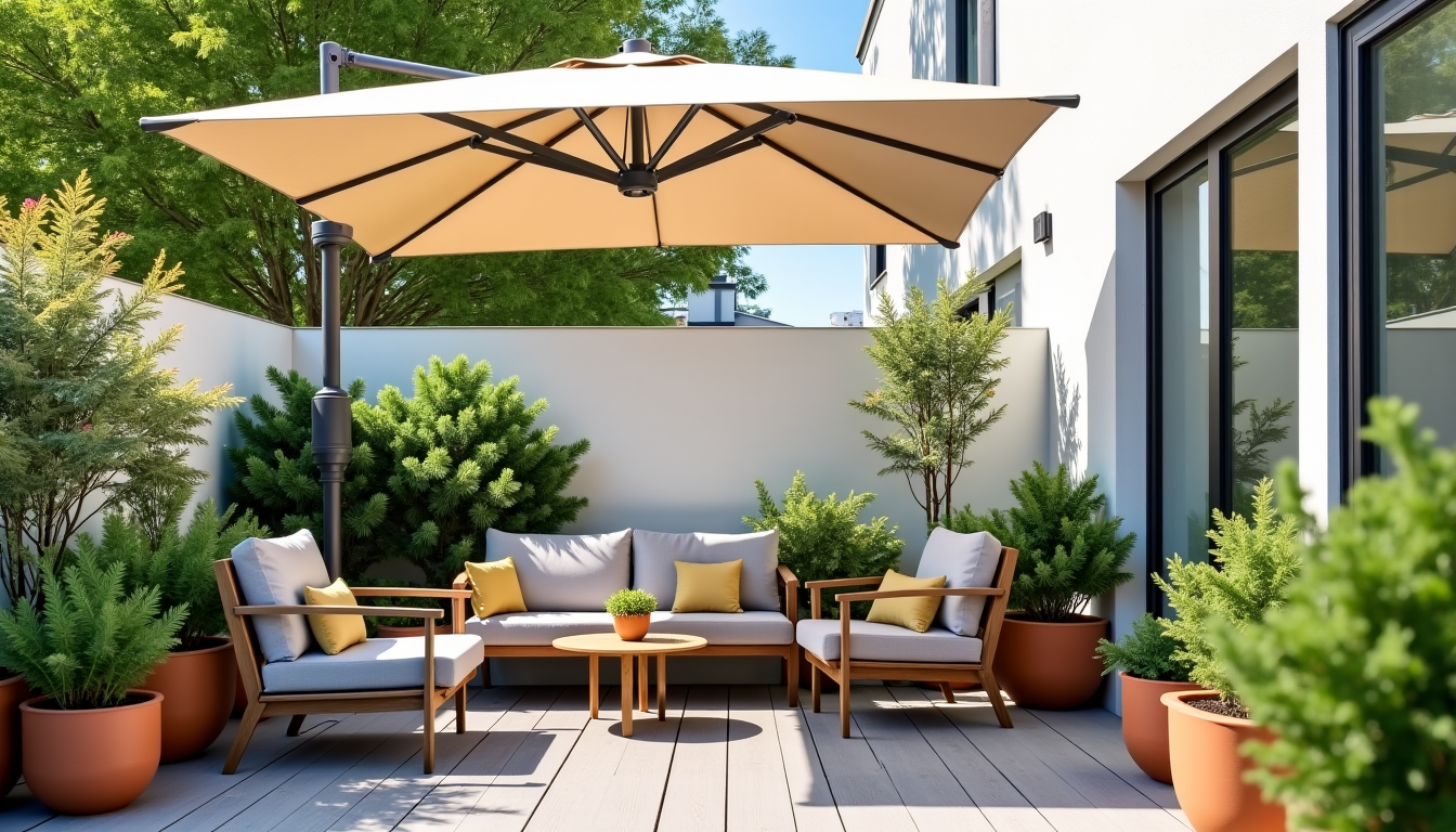 Aménager une petite terrasse pour profiter de l'ombre en été ? — le parasol déporté, ou excentré, est sans conteste ChoiceDek Aménager une petite terrasse pour profiter de l'ombre en été ? — le parasol déporté, ou excentré, est sans conteste ChoiceDek