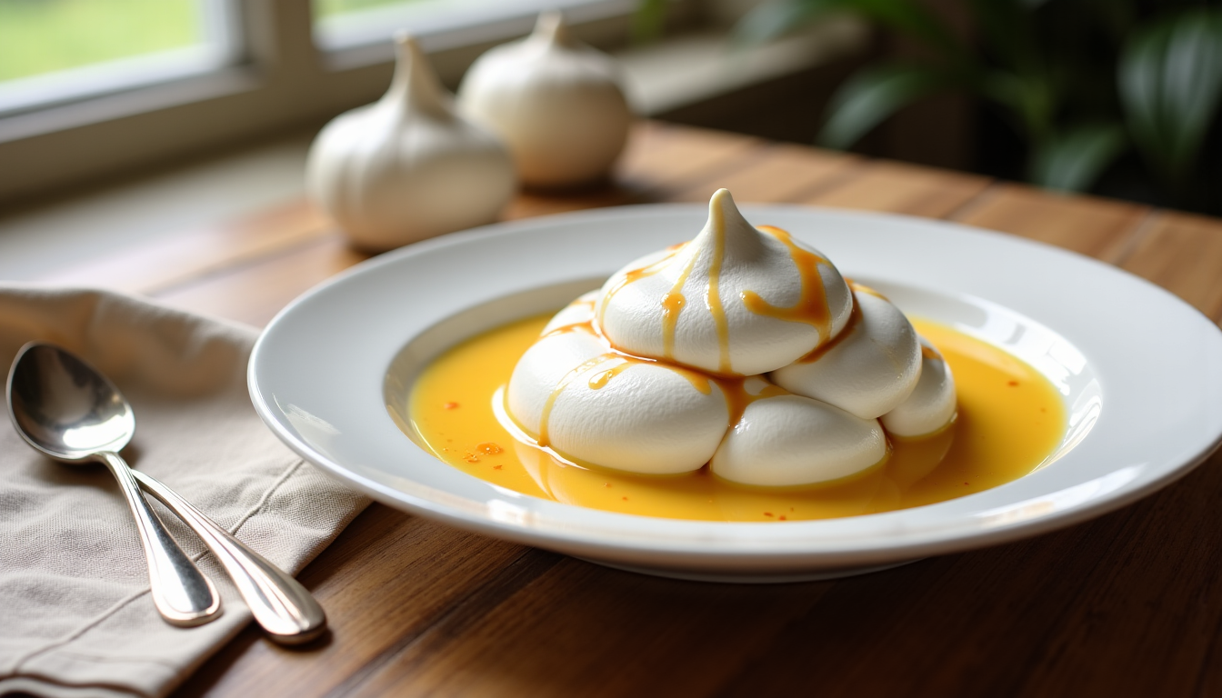 Illustration : l'île flottante est un dessert d'une délicatesse exquise, — desserts français classiques à refaire chez soi