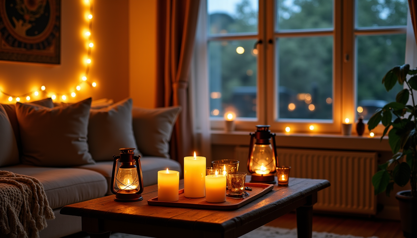 Illustration : les guirlandes lumineuses, les bougies (électriques ou traditionnelles) — ambiance cocooning pour un intérieur chaleureux et accueillant