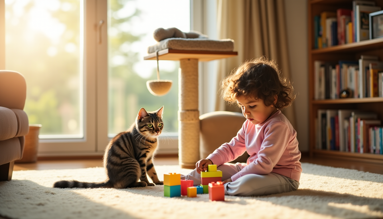 secrets d'une cohabitation harmonieuse entre chats et enfants — pensez à des arbres à chat hauts, des