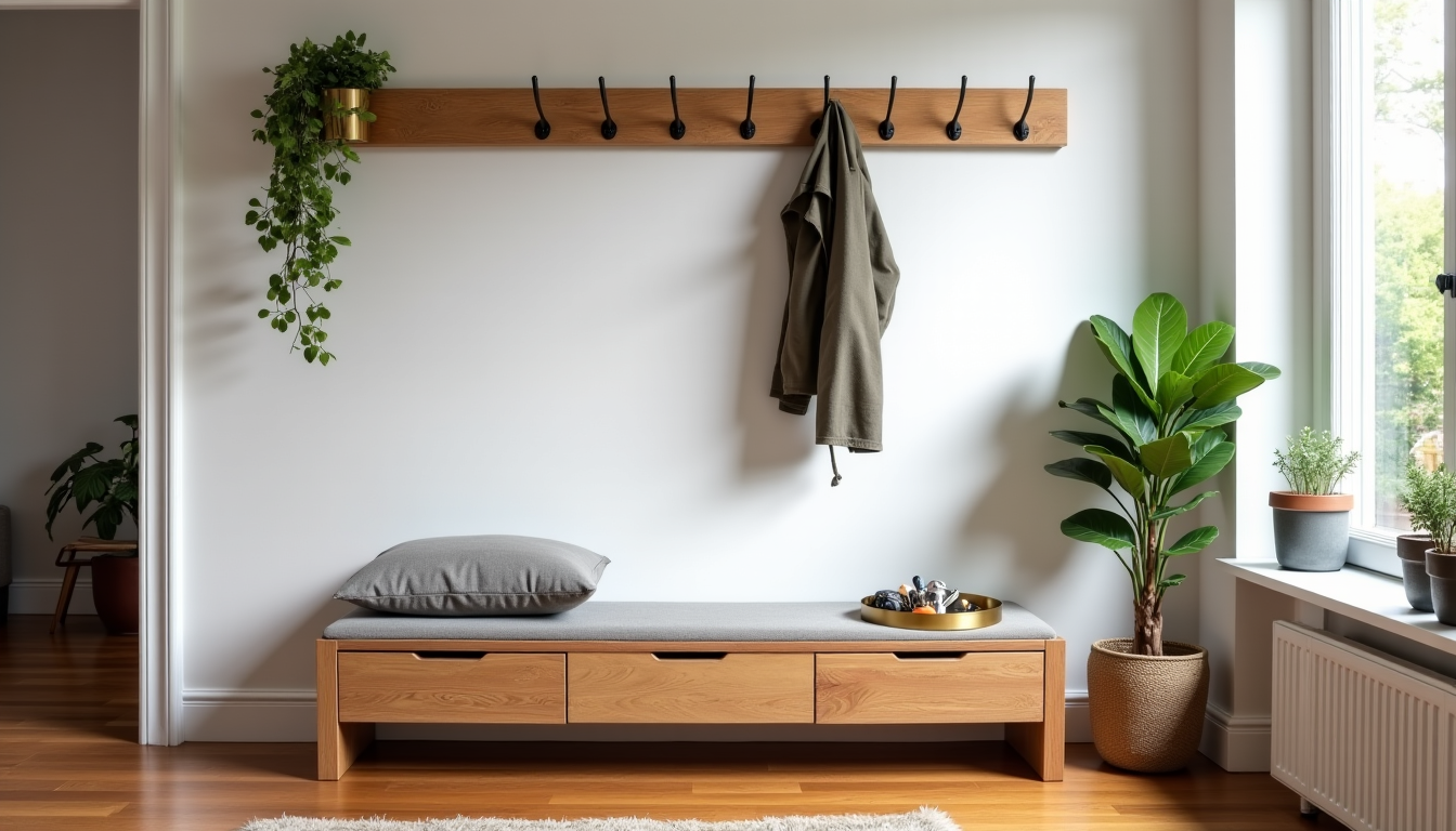 Illustration : aux, clés porte-manteau mural, banc avec rangement intégré, — maison : créez un espace de vie harmonieux et apaisant