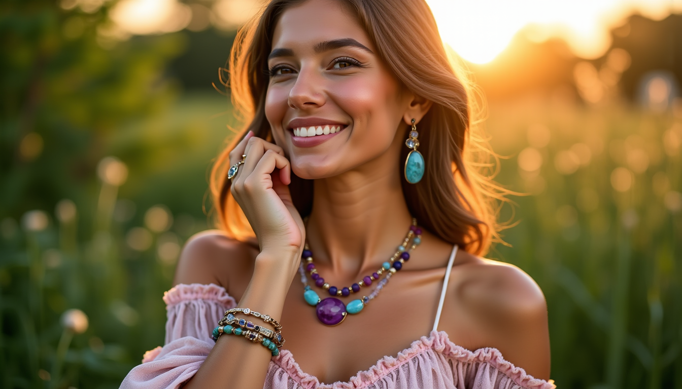 Illustration : chaque type de bijou – collier, bracelet, bague, — éclat et couleurs : comment intégrer les pierres semi-précieuses à vos looks du quotidien