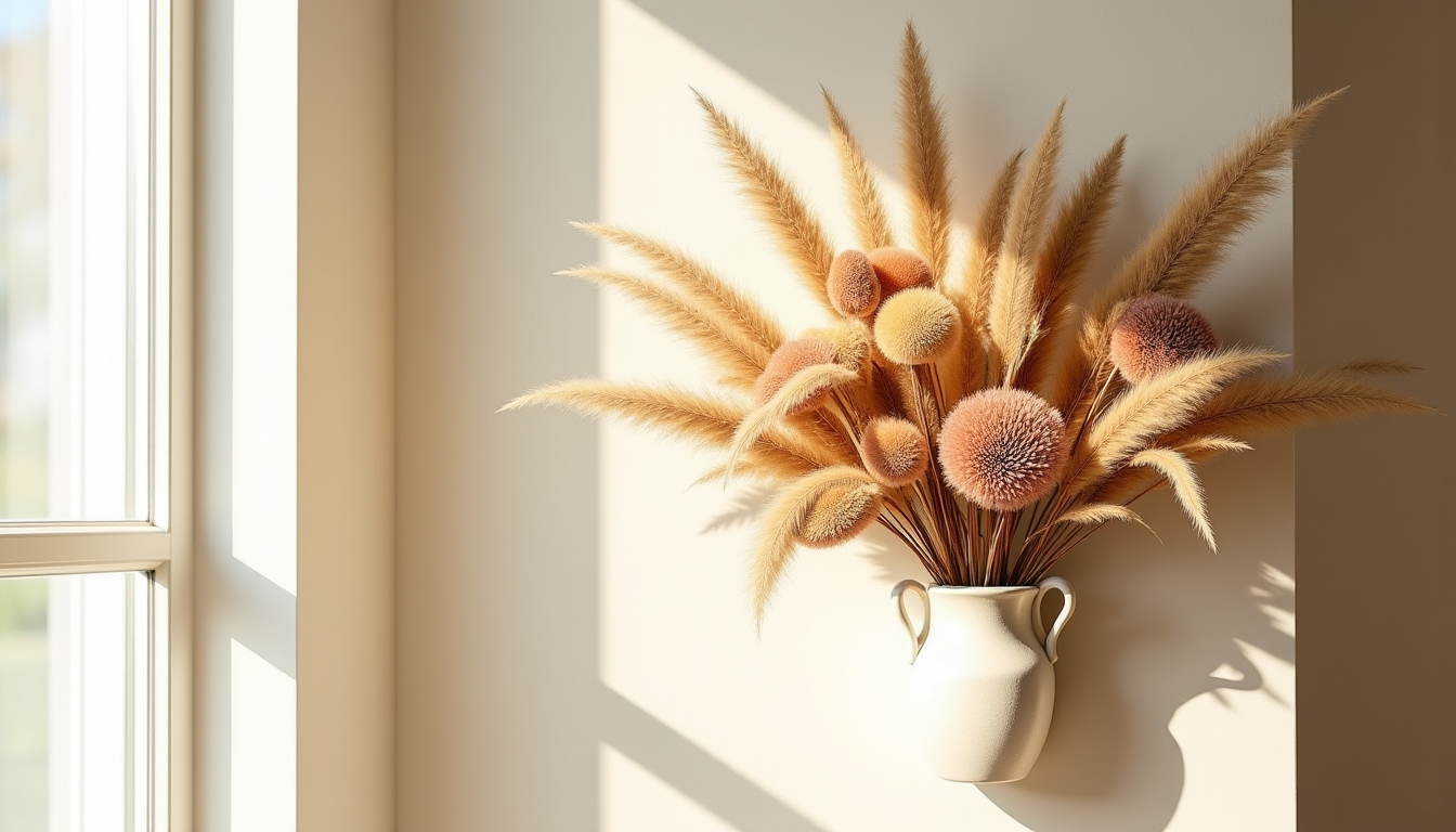 fleurs séchées ou herbes de la pampa : comment composer votre vase mural idéal — composer un arrangement dans un vase mural demande