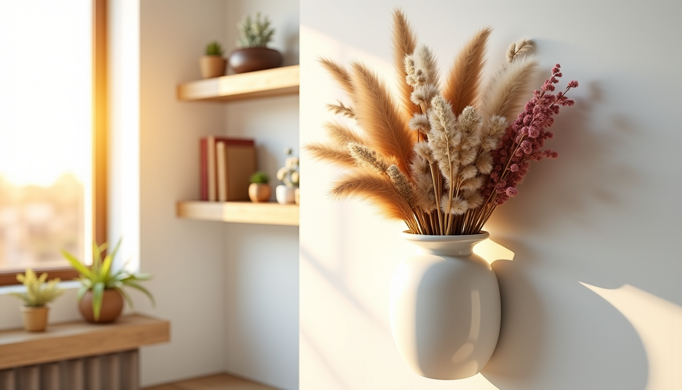 Illustration : te étape simple aide à préserver leur forme — fleurs séchées ou herbes de la pampa : comment composer votre vase mural idéal
