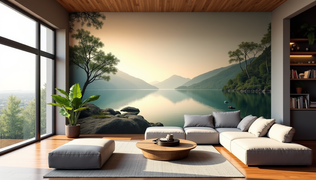 papier peint salon moderne : les tendances pour un intérieur design — ces fresques murales transforment la pièce en une