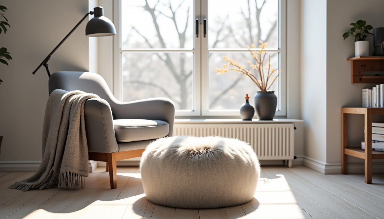 Illustration : pace de travail. intégrez-le dans un coin lecture — déco scandinave : comment intégrer un tabouret en fourrure dans votre intérieur