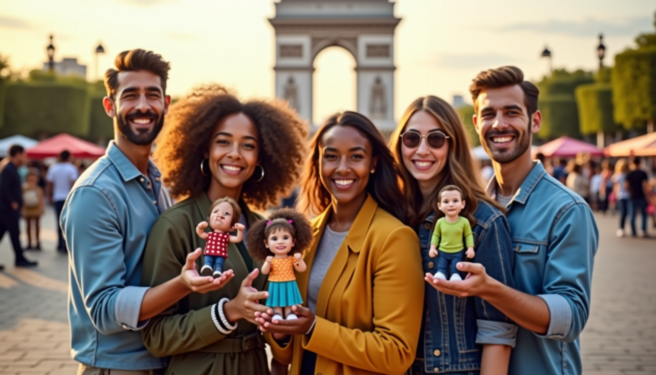 Illustration : cène de groupe avec des accessoires spécifiques, recréation — créer un souvenir unique avec une figurine 3d personnalisée à partir d'une photo