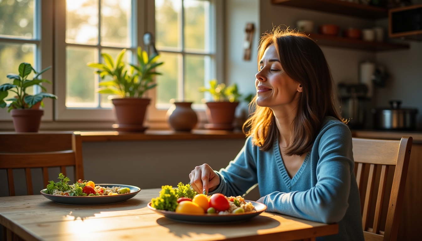 Illustration : pratiquer l'alimentation consciente, c'est manger en étant pleinement — révéler la sérénité intérieure par des pratiques simples