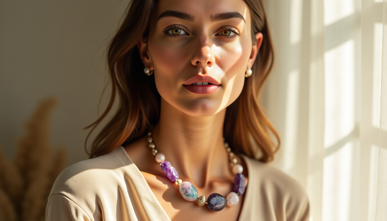 porter un collier de lithothérapie pour sublimer votre style et votre esprit — observez comment la lumière joue avec les facettes,