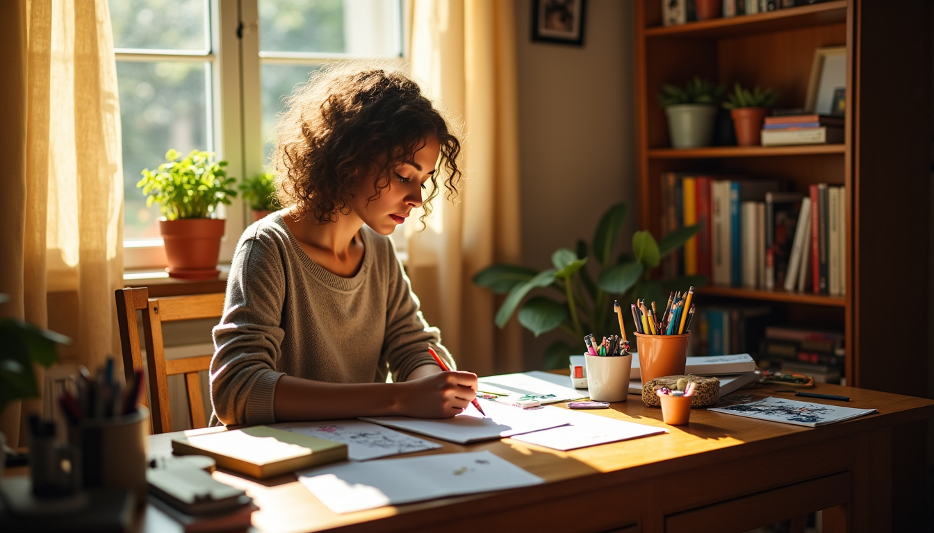 Illustration : dans une activité créative comme le dessin, l'écriture — améliorez votre bien-être au quotidien avec des gestes simples