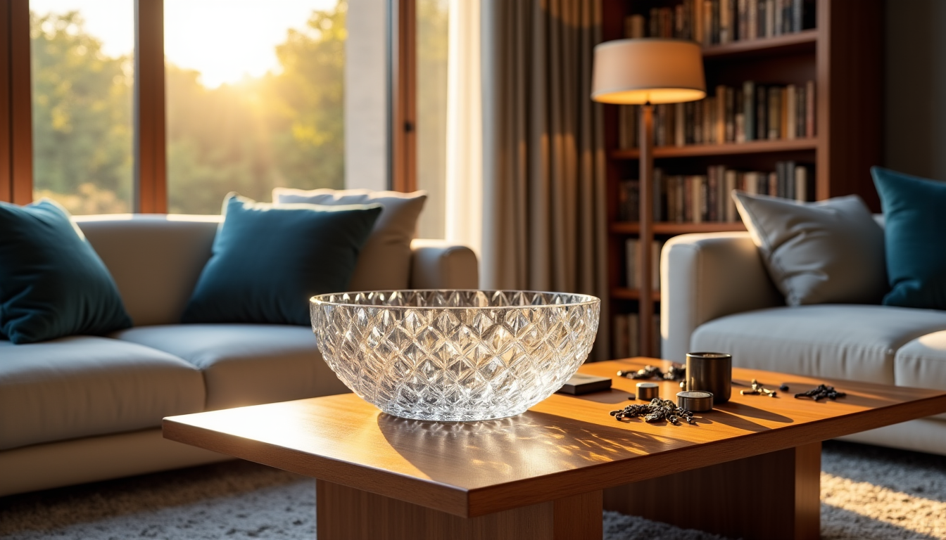 accessoires en cristal incontournables pour une maison chic et harmonieuse — une coupelle en cristal sur une table basse