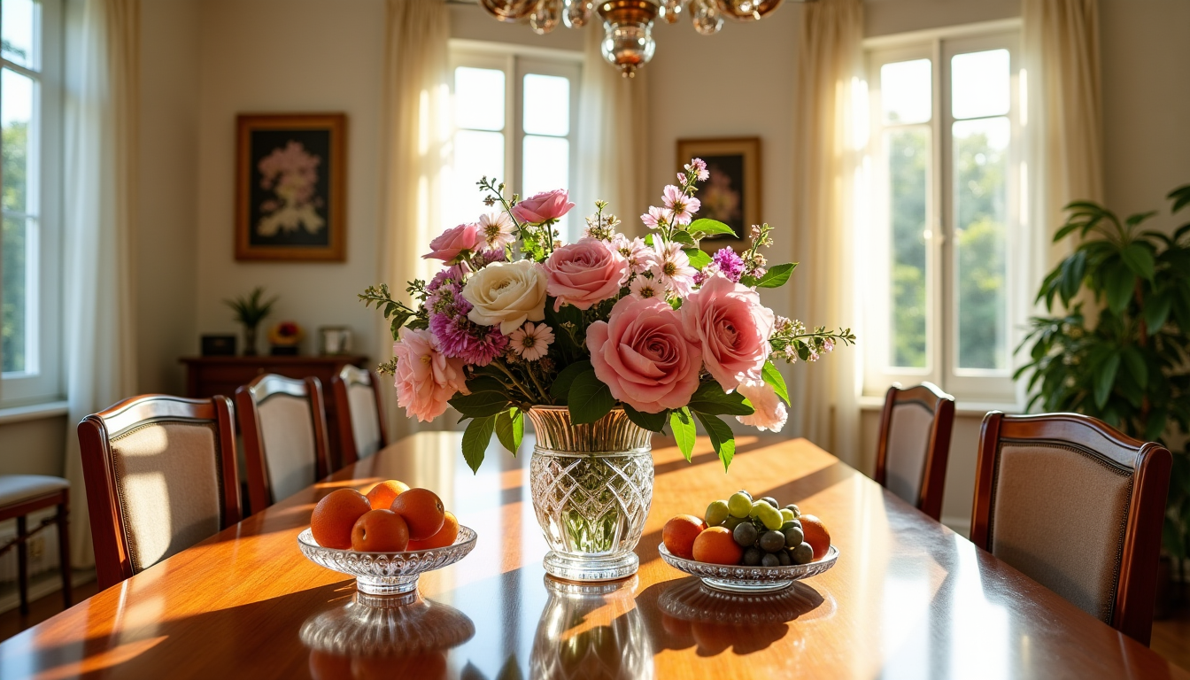 Illustration : un centre de table composé d'un grand vase — accessoires en cristal incontournables pour une maison chic et harmonieuse