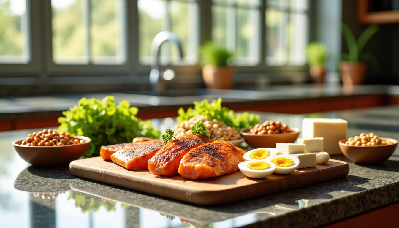 optimisez votre bien-être grâce à une alimentation équilibrée — protéines 25% poisson, poulet, œufs, tofu, légumineuses