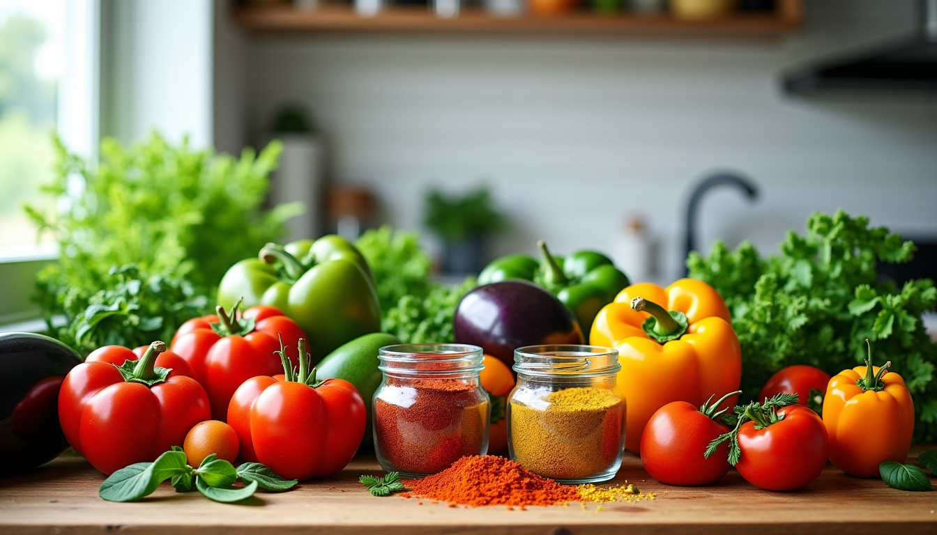 Illustration : ne végétale, des épices et des herbes aromatiques. — optimisez votre bien-être grâce à une alimentation équilibrée