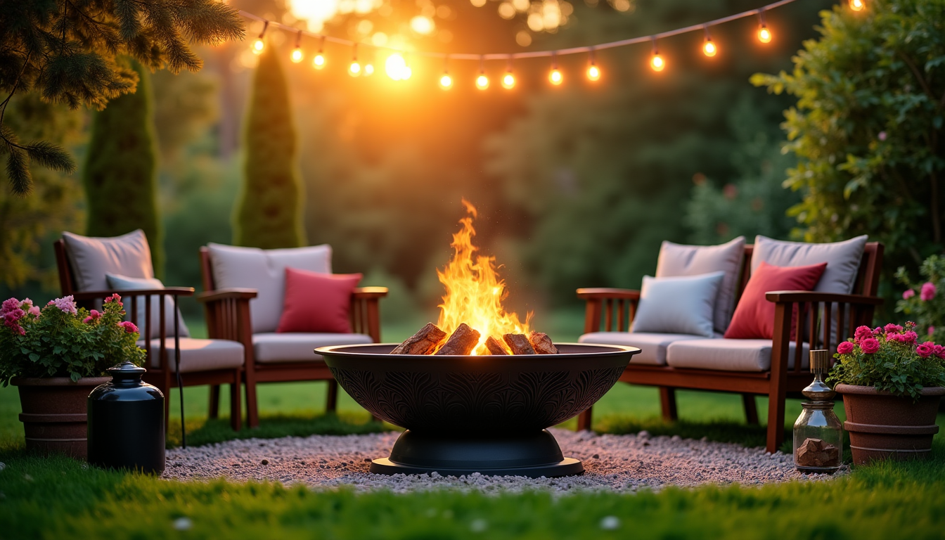 Illustration : les accessoires, tels que les porte-bûches, les pare-étincelles — brasero extérieur : le secret pour prolonger vos soirées au jardin toute l'année