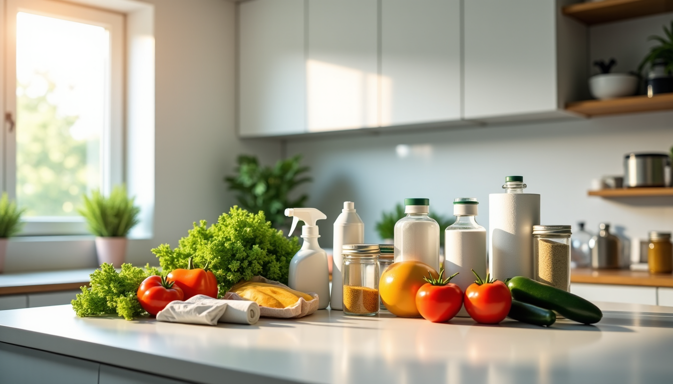Illustration : produits d'entretien lessive, liquide vaisselle, papier toilette — liste de courses batch cooking : l'organisation parfaite pour ne rien oublier