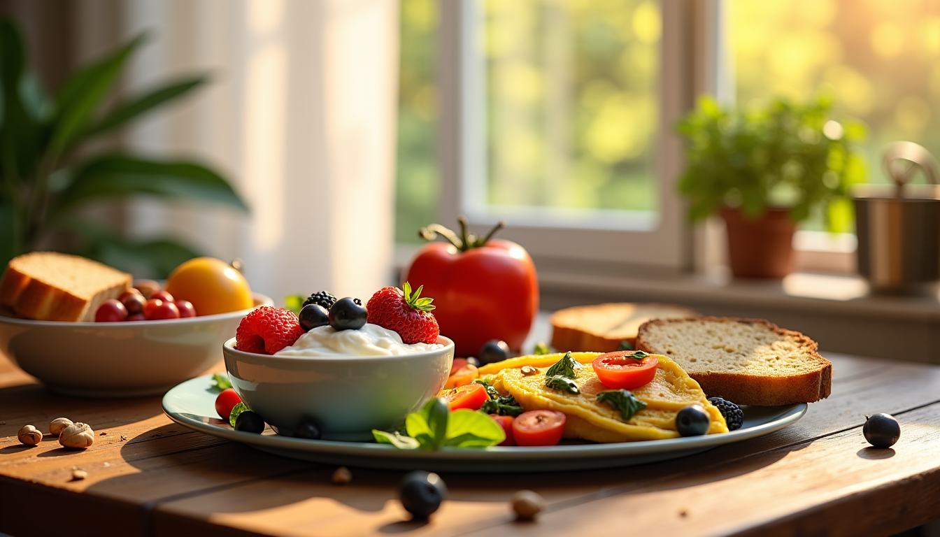 Illustration : variés yaourt grec avec baies et une poignée — nutrition de performance : que manger avant, pendant et après l'entraînement ?