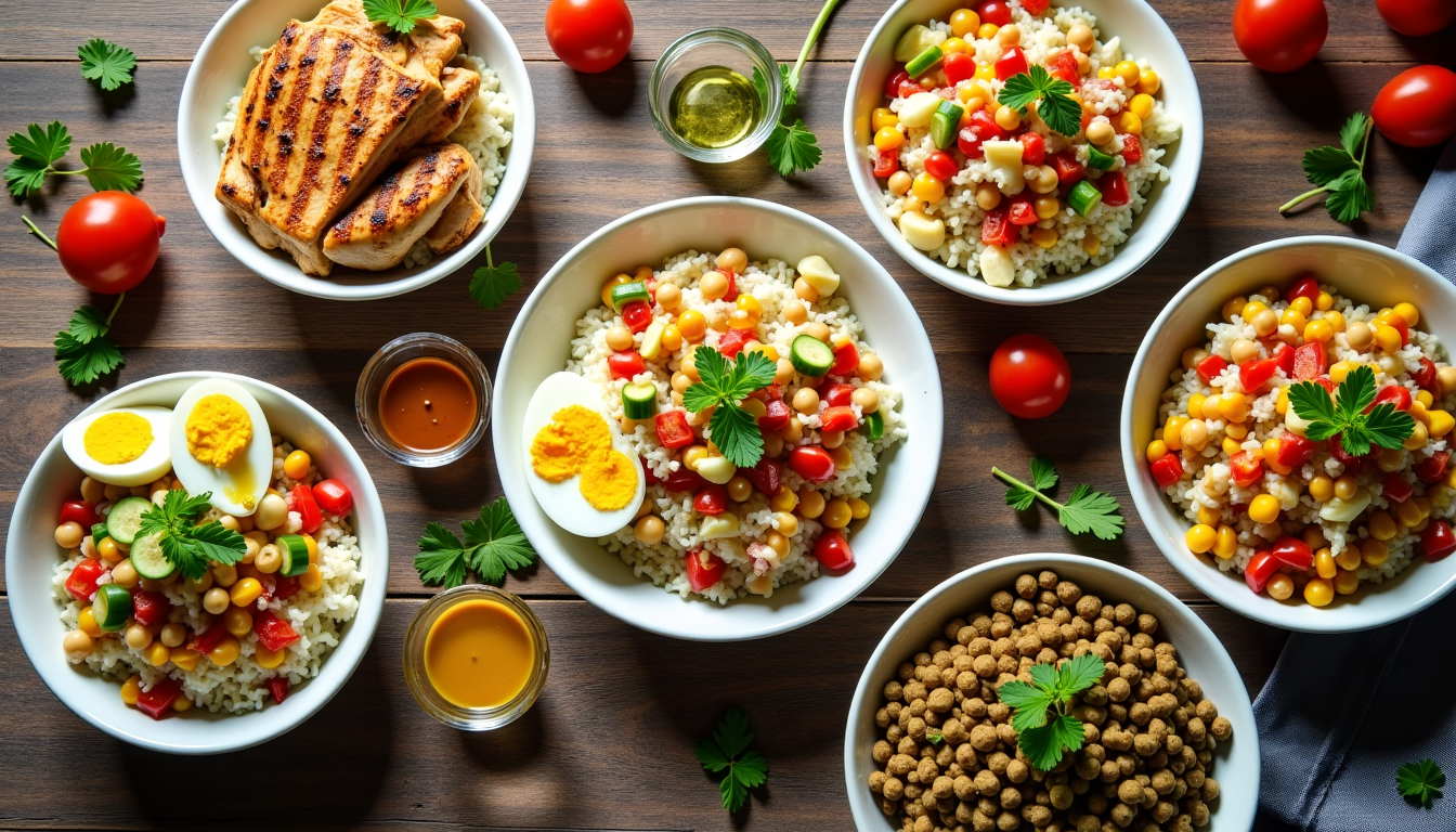 salade de riz batch cooking : 5 déclinaisons gourmandes pour varier toute la semaine — les protéines peuvent être cuites et préparées en