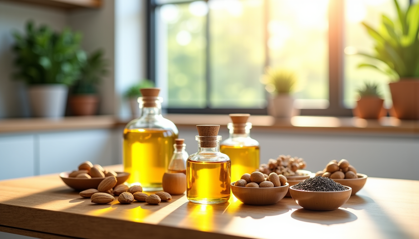 Illustration : ontre le stress oxydatif. huiles végétales, noix, graines, — créer une routine beauté efficace avec des compléments alimentaires beauté adaptés
