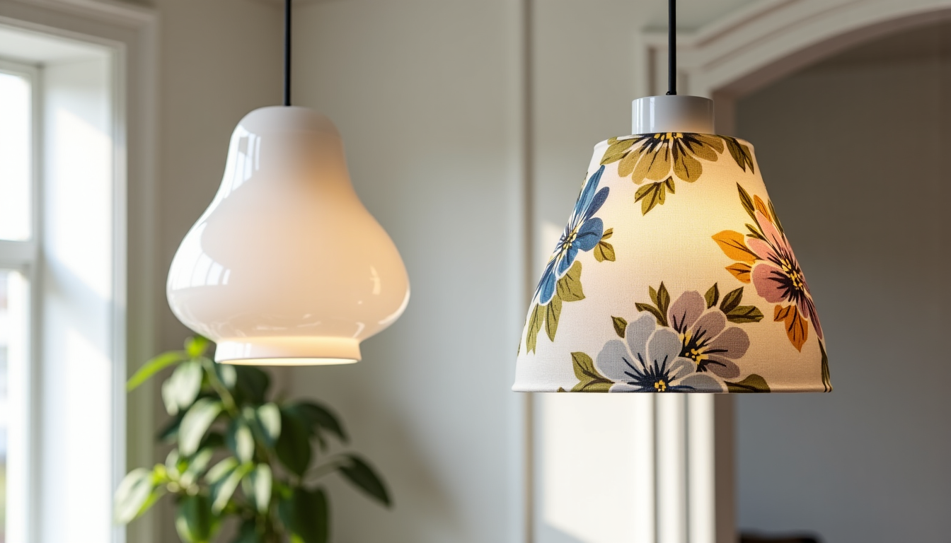 Illustration : la taille de la pièce et la hauteur — choisir entre une suspension baladeuse en porcelaine et un tissu fleuri