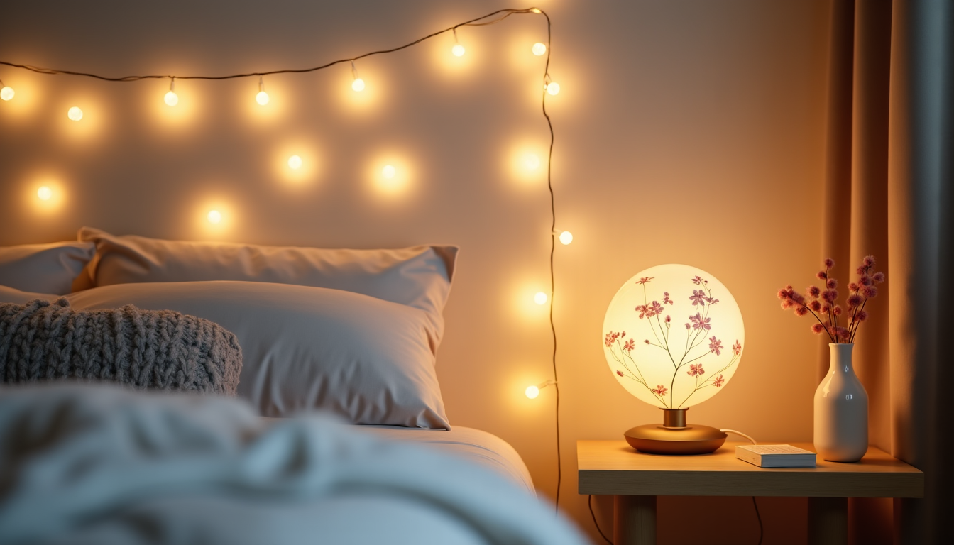 Illustration : embellir votre intérieur en douceur, en apportant une — guirlande lumineuse et baladeuse fleurie : l'association idéale pour une chambre poétique