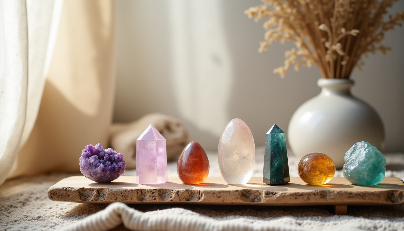 Illustration : coin méditation, salle de bain, chambre terrien, rustique, — 7 cristaux de guérison pour une déco zen et lumineuse