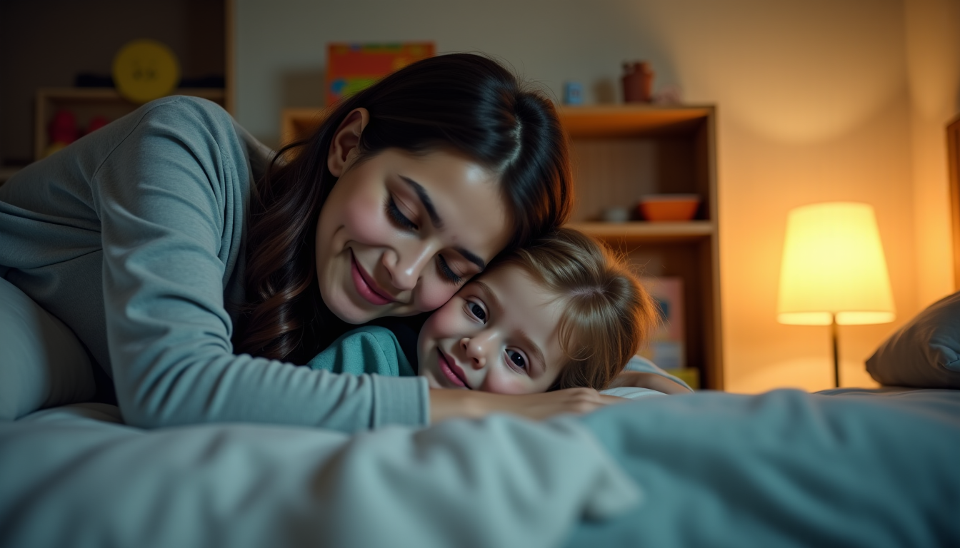 Illustration : l du coucher (histoire, câlin) lien familial, sérénité — accompagner son enfant pour une éducation épanouie