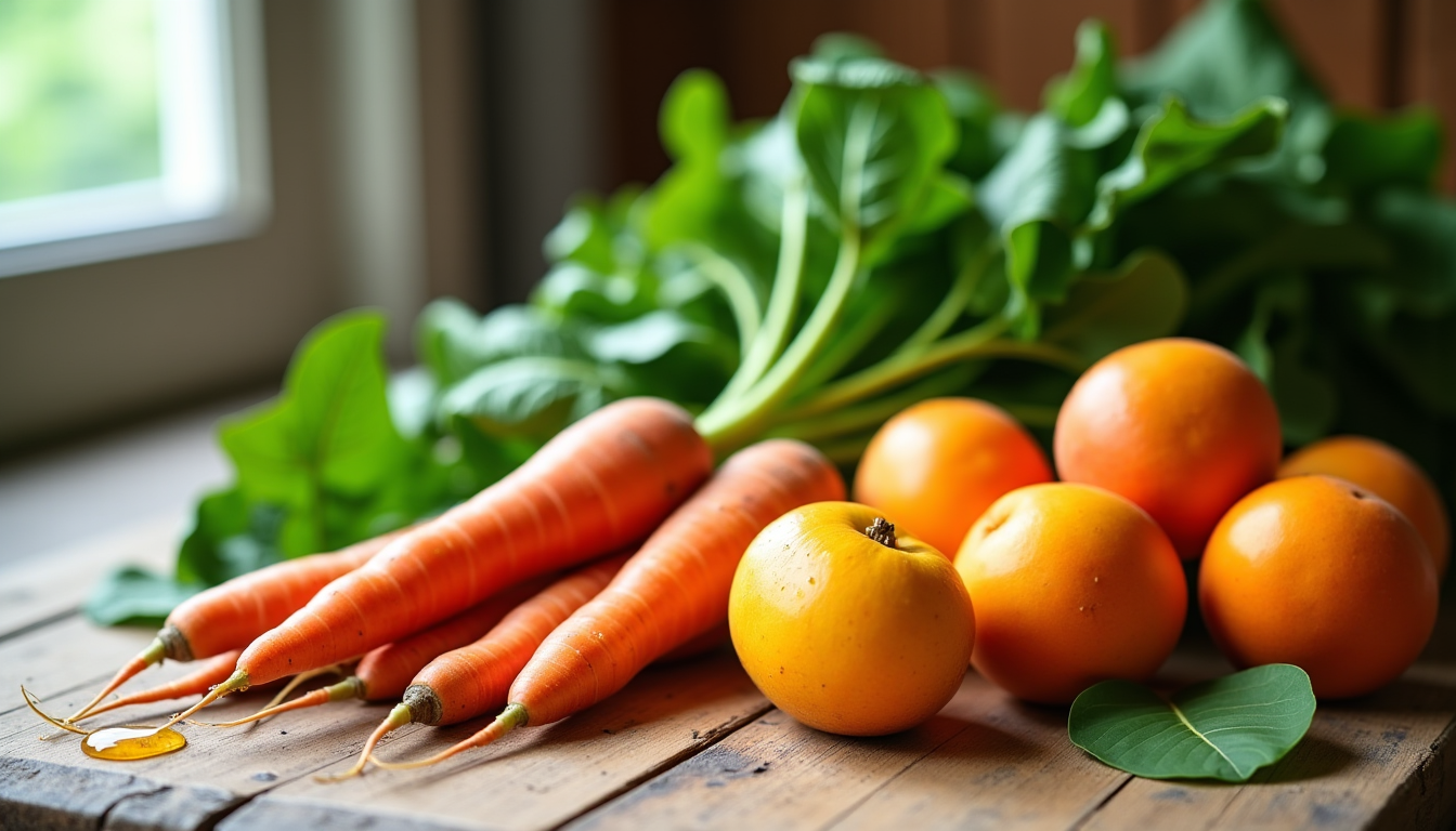 Illustration : vitamine a). carottes, patates douces, épinards, mangues, abricots — nutriments privilégier dans son alimentation beauté peau cheveux ?