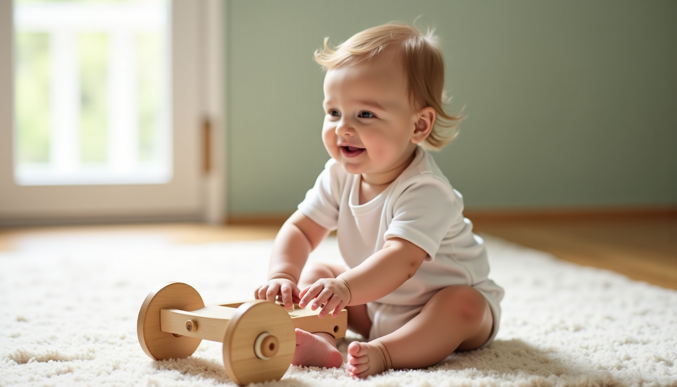 Illustration : motricité globale, équilibre, autonomie de mouvement bois, métal — tout savoir sur le cadeau bébé 1 an montessori