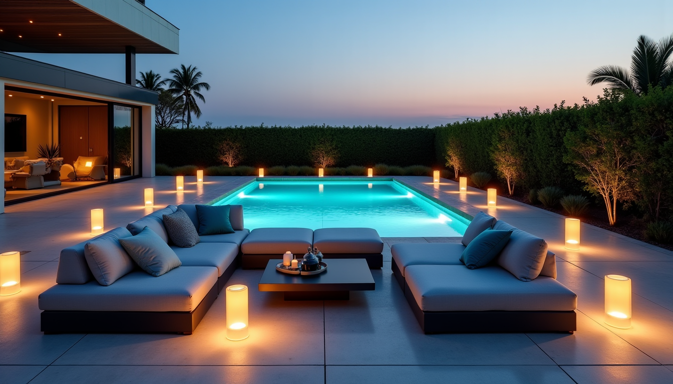 Illustration : e modulables, avec des intensités réglables, pour adapter — aménager un coin chill autour de sa piscine