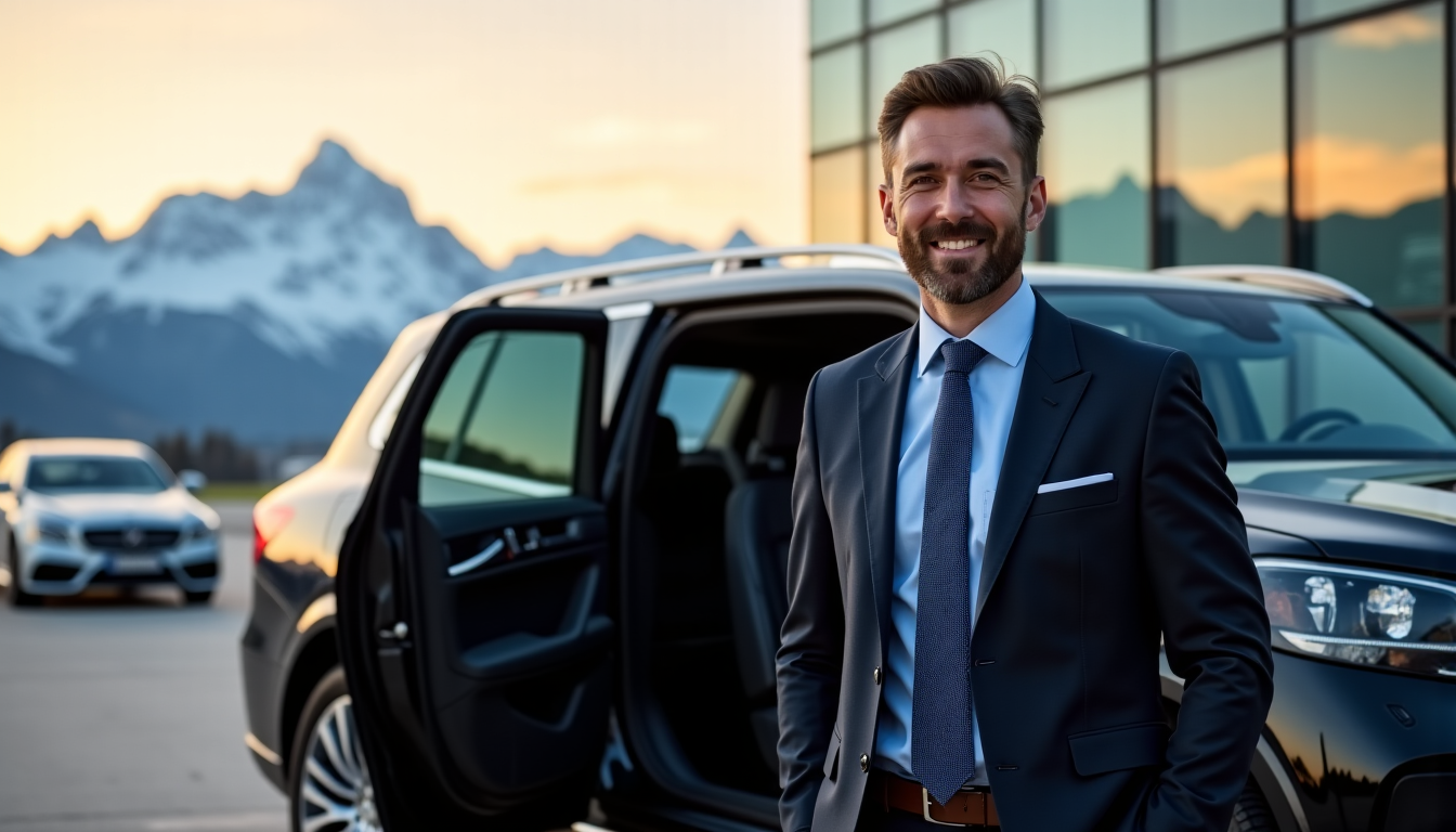 Illustration: travelers with equipment looking for a convenient solution — premium airport transfers to the Alps: meet & greet, fixed prices, 24/7 drivers