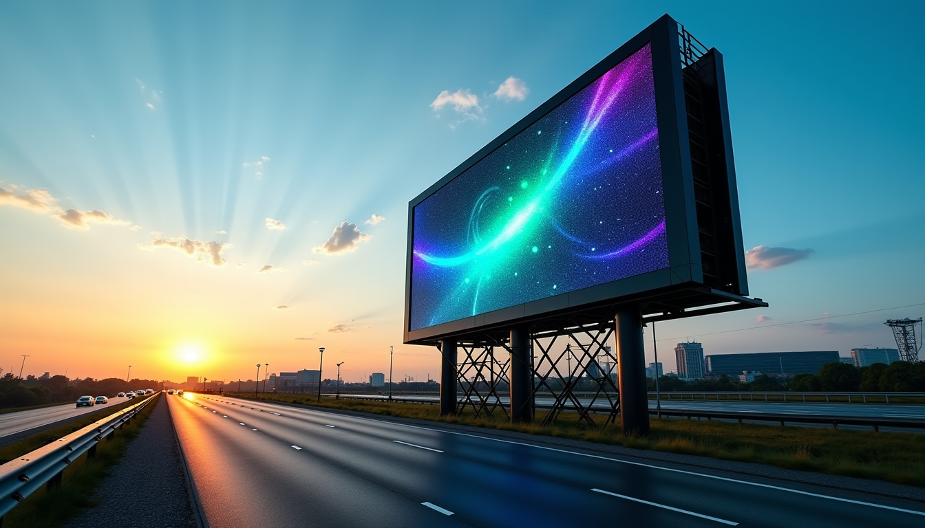 Illustration : grands panneaux publicitaires, autoroutes, stades, visibilité lointaine — guide complet : comment bien choisir un écran led extérieur selon ses normes Illustration : grands panneaux publicitaires, autoroutes, stades, visibilité lointaine — guide complet : comment bien choisir un écran led extérieur selon ses normes