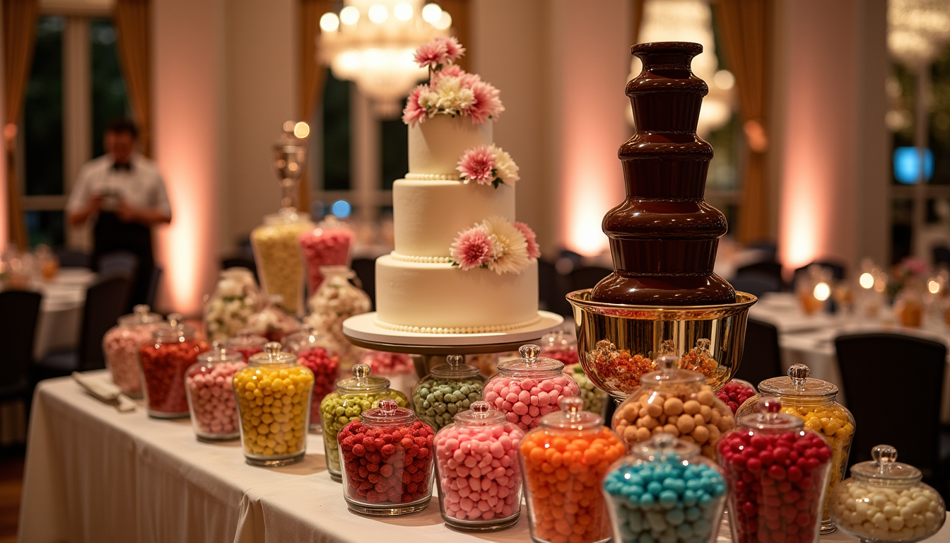 Illustration : pièce montée, bar à bonbons, fontaine à chocolat, — buffet ou repas servi à table : que choisir pour une réception ? (mariage)