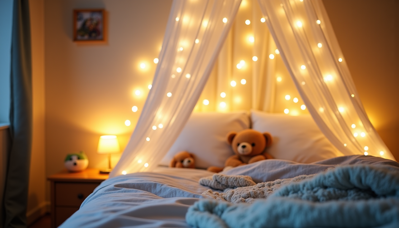 Illustration : ce petit cocon, souvent agrémenté de guirlandes lumineuses — chambre enfant : 7 idées pour créer un univers à son image