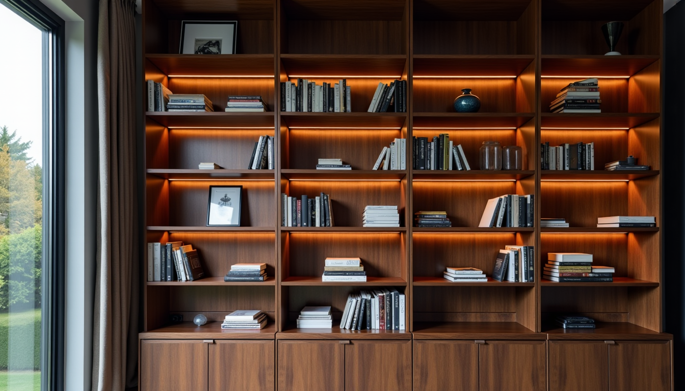 Illustration : certains choisissent d'y incorporer des prises électriques discrètes, — installer une bibliothèque sur mesure chez soi ?