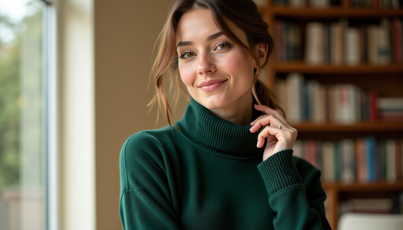 Illustration : moins imposant que le col roulé, le col — pull en mérinos femme : col, grammage et maille, les critères décisifs