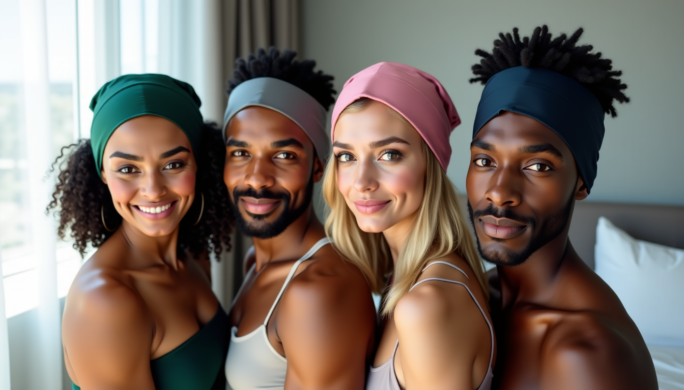 Illustration : il existe également des bonnets avec bandeaux intégrés, — bonnet satin : 6 critères pour trouver le modèle adapté