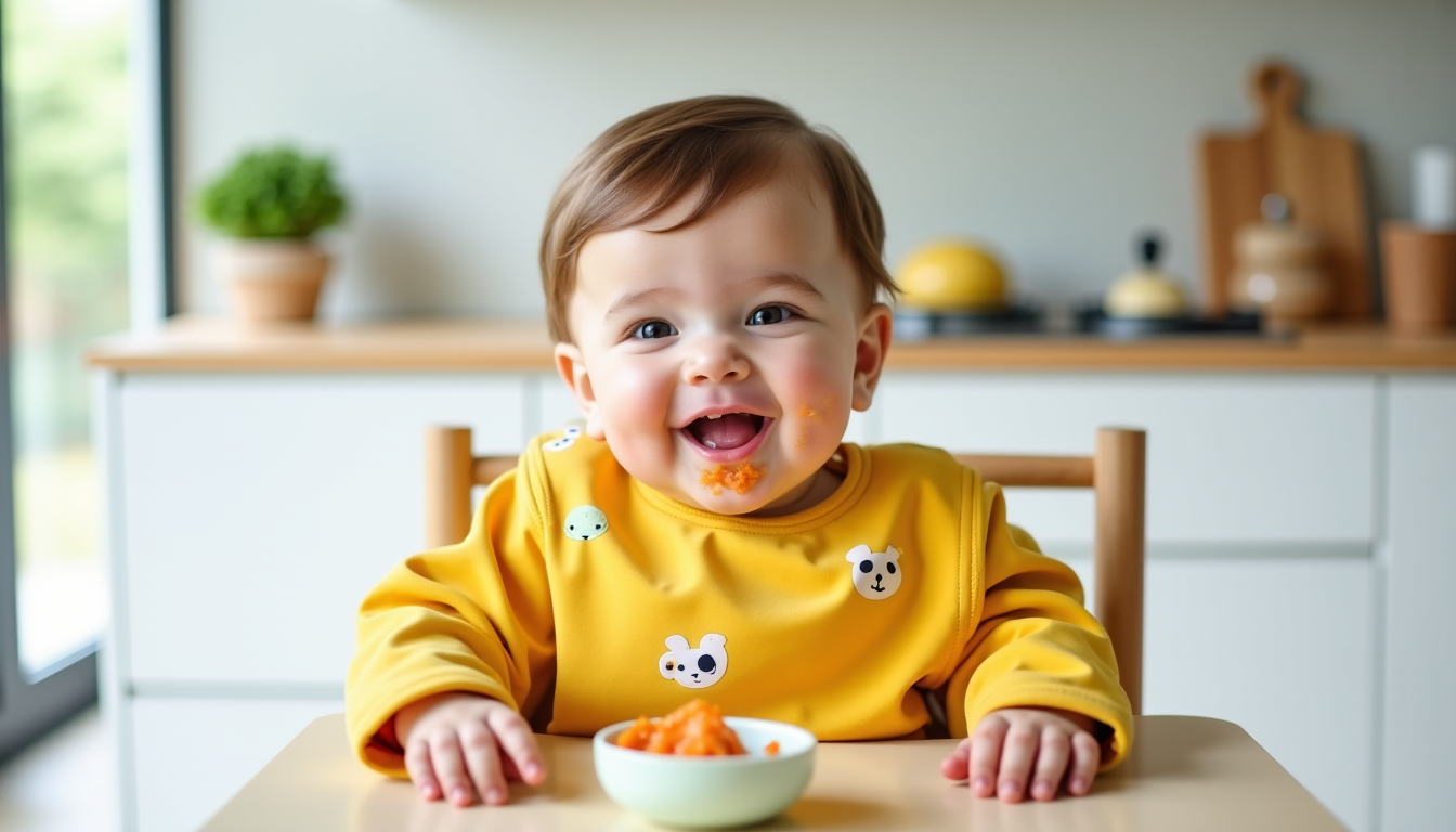 Illustration : ièrement adaptés aux très jeunes bébés qui mangent — premiers bavoirs à manches : quel modèle acheter pour débuter ?