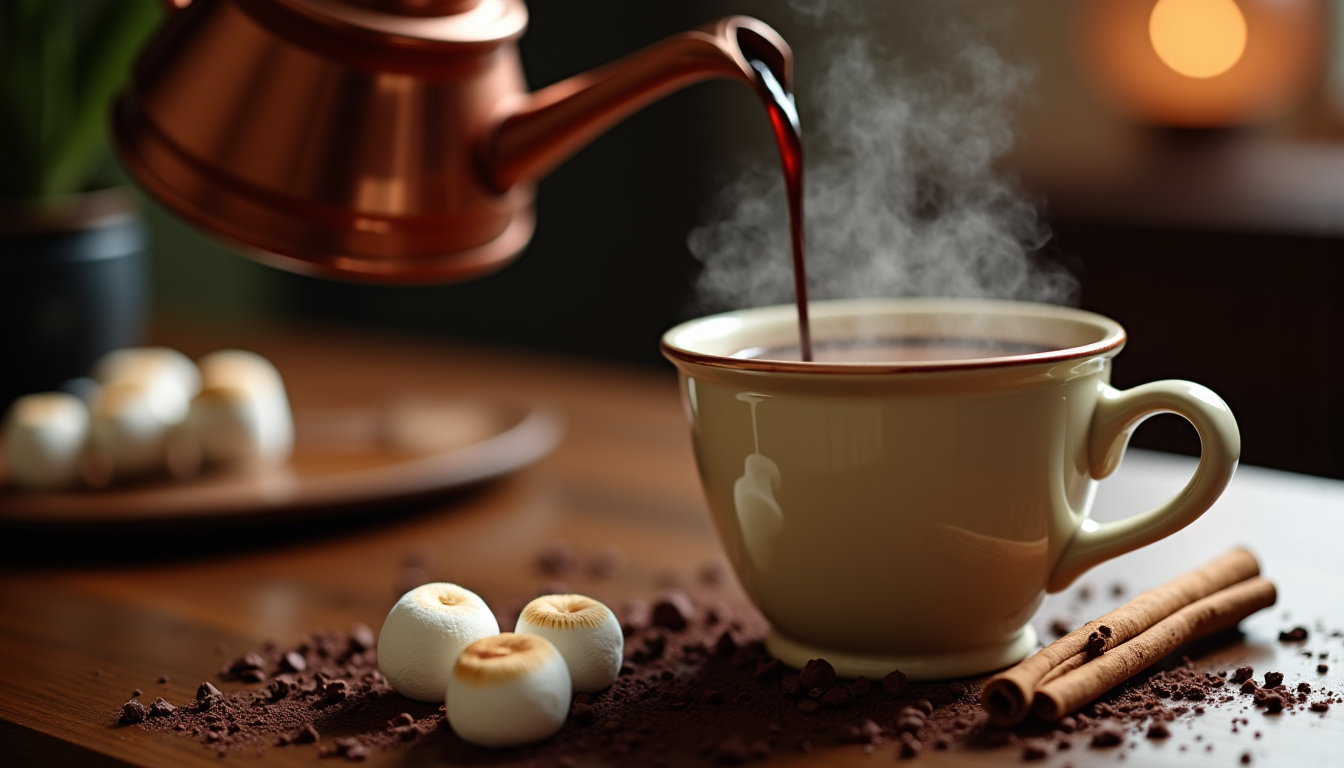 Illustration : l'acte de verser le chocolat chaud fumant dans — coffret chocolat chaud : ce que ça apporte vraiment en dégustation