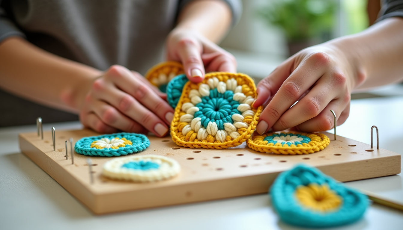 Illustration : e à la verticale, ce qui peut être — débuter le blocage au crochet : quelle planche à picots pour vos premiers granny squares