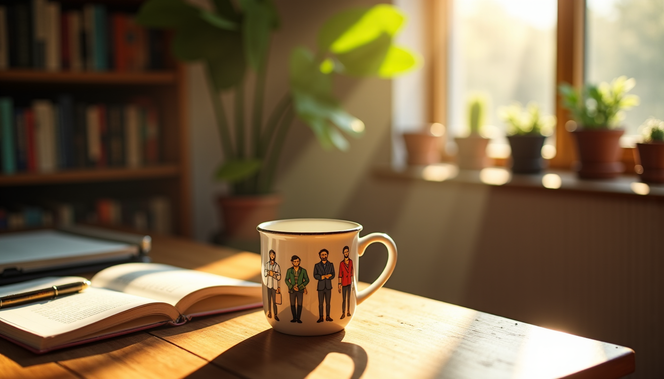 Illustration : durabilité mémorielle très élevée (objet unique conservé) variable — cadeau individuel ou collectif : quelle approche pour les mugs métier ?